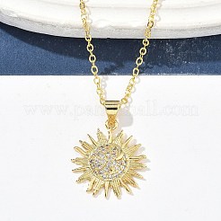真鍮マイクロパヴェクリアキュービックジルコニア太陽ペンダントネックレス（女性用）  18KGP本金メッキ  17.52インチ（44.5cm）  ペンダント：20.5x18.5x3.5mm&nbsp;NJEW-S449-05A-G