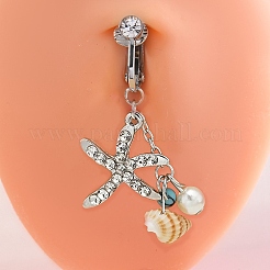 304 Stainless Steel Pave Cubic Zirconia & Plastic Pearl & Natural Shell Starfish Dangle Clip on Belly Rings&nbsp;FS-WG69EA3-01