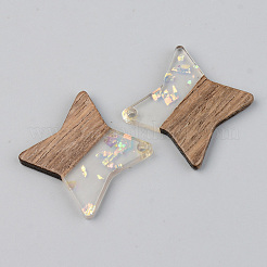 透明樹脂＆ウォールナットウッドチャーム  キラキラスパンコール付き  スター  透明  29.5x29.5x3mm  穴：2mm&nbsp;RESI-S389-011A-E01