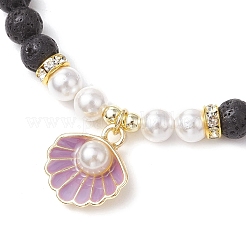 Natural Lava Rock Round Beads with Brass Rhinestone Spacer Beads and Shell Pearl Bead and Electroplate Non-magnetic Synthetic Hematite Beads and Alloy Pendants Bracelets&nbsp;BJEW-JB11511