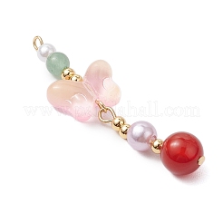 天然カーネリアンとガラスのペンダント  蝶  金色の真鍮トーンループ付き  ピンク  47x14.5x8mm  穴：1.6mm&nbsp;PALLOY-JF03192-03