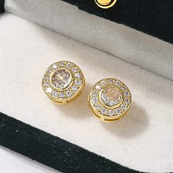真鍮マイクロペーブクリアキュービックジルコニアスタッドピアス  パヴェクラスターイヤリング  ラックめっき  長持ちメッキ  鉛フリー＆カドミウムフリー  フラットラウンド  18KGP本金メッキ  10.5mm&nbsp;EJEW-Q015-10G