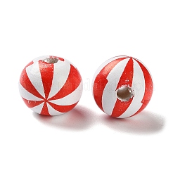 プリントウッドヨーロピアンビーズ  縞模様の丸い  レッド  20x18mm  穴：4mm&nbsp;WOOD-Z002-13E