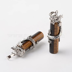 チューブの天然タイガーアイペンダント  ドラゴン真鍮パーツ  プラチナ  48x15x10mm  穴：7x5mm&nbsp;X-G-L455-H02
