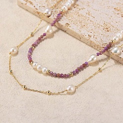 Natural Lepidolite & Pearl Beaded Double Layer Necklaces&nbsp;NJEW-G121-01G