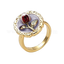Flower Pattern Brass Enamel & Natural Freshwater Pearl Open Cuff Rings for Women&nbsp;RJEW-G342-01G-02