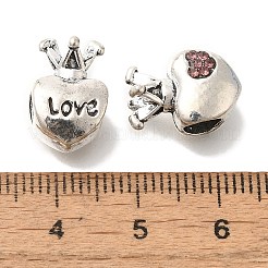 ラックめっき合金欧州ビーズ  ラインストーン付き  大穴ビーズ  鉛フリー＆カドミウムフリー  愛の文字が書かれたハートの王冠  アンティークシルバー  14x9.5x7.5mm  穴：4.5mm&nbsp;FIND-H005-28AS