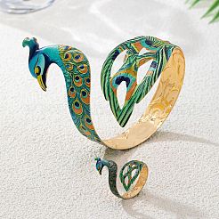 Iron Enamel Peacock Cuff Bangle & Ring Sets for Women&nbsp;WG60250-01