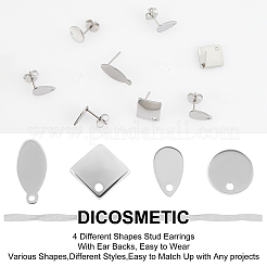 80個 4スタイル 304ステンレススチールスタッドピアス金具  穴付き  80個のプラスチック製イヤーナット付き  フラットラウンド＆ティアドロップ＆菱形＆ホースアイ  ステンレス鋼色  8x1mm  ピン：0.8mm  20個/スタイル&nbsp;FIND-DC0001-03