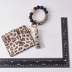 女性用レザーリストレットキーチェーンブレスレットウォレット  シリコンと木製ビーズのリストレットカードホルダー、タッセル付き  ヒョウプリント模様  11.1x9.5cm  ブレスレット：56内径&nbsp;JX633A