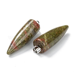 天然の混合宝石の尖ったペンダント  プラチナ真鍮パーツ  弾丸  32~35x10~11mm  穴：7mm&nbsp;G-D040-01P-B