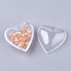 プラスチックチャーム  ドライフラワー＆ラインストーン入り  ハート  ライトサーモン  29x30x18mm  穴：1.8mm&nbsp;KY-T004-09B