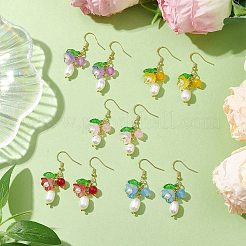 天然養殖淡水パールダングルピアス  女性用フラワーガラス＆304ステンレススチールイヤリング  ミックスカラー  44x11mm&nbsp;EJEW-JE05861