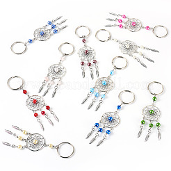 20色の織りネット/ウェブガラスパールキーホルダー10個  アンティークのシルバー & プラチナ合金と鉄のパーツを使用  ミックスカラー  11cm&nbsp;KEYC-TAC00044