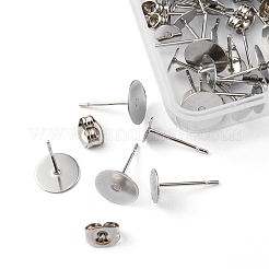 40個 4サイズ 304ステンレススチールスタッドピアス金具  フラットラウンドイヤリングのセッティング  40個のイヤーナット付き  ステンレス鋼色  12x4~8mm  ピン：0.6~0.8mm  10pcs /サイズ&nbsp;STAS-YW0001-56