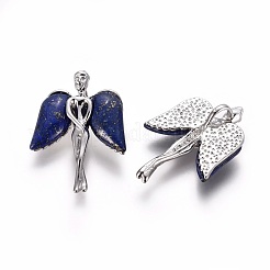 天然石ラピスラズリペンダント  プラチナトーンの真鍮パーツ  天使  34x23x8mm  穴：5x3mm&nbsp;G-L520-C01