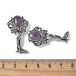 天使の真鍮天然アメジストペンダント  丸カン付き  アンティークシルバー  38x19.5x7.5~9.5mm  穴：2x6.5mm&nbsp;KK-D361-02AS-27