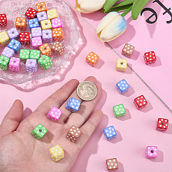 48色プリント不透明アクリルビーズ8個  水玉模様の立方体  ミックスカラー  14x14x14mm  穴：3.8mm&nbsp;MACR-SC0002-71