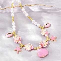 Ocean Brass Enamel Starfish Shell Shape Pendant Round ABS Imitation Pearl Beaded Necklaces&nbsp;KK-CBA4547-04C-G