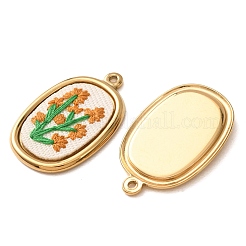 304ステンレススチールと布刺繍のペンダント  オーバル フラワーチャーム付き  イオンプレーティング（ip）  長持ちメッキ  18KGP本金メッキ  ダークオレンジ  28x18x3mm  穴：1.4mm&nbsp;FB-CBAFBAF-05G