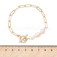 Rice Natural Cultured Freshwater Pearl & Brass Paperclip Chain Bracelets for Women&nbsp;BJEW-JB13543-02