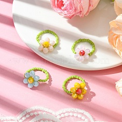 女性用フラワーガラスビーズストレッチリングセット4個4色  ミックスカラー  内径：18mm  1pc /カラー&nbsp;RJEW-TA00141