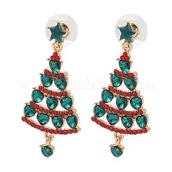 クリスマス合金ラインストーンダングルスタッドピアス  クリスマスツリー  ゴールドカラー  45.5x19.5mm&nbsp;LS-EJEW-F399-03G