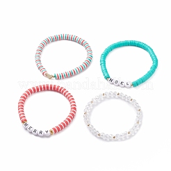 4pcs4スタイル手作りポリマークレイヘイシサンファーストレッチブレスレットセットブラスハート  ワードメリーノエルアクリルプレッピーブレスレット女性用ガラス  ミックスカラー  内径：2-1/8インチ（5.4cm）  1個/スタイル&nbsp;BJEW-TA00093
