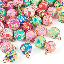 40個10色の手作りポリマー粘土ペンダント  花模様の丸  CCBパーツ  ミックスカラー  22~23x15~16.5mm  穴：2.5mm  4個/カラー&nbsp;CLAY-TA0001-95