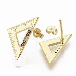 真鍮マイクロペーブカラフルな立方ジルコニアスタッドピアス  ピアスバックキャッチ付き  三角定規  16KGP本金メッキ  22x11.5mm  ピン：0.7mm&nbsp;EJEW-S208-036