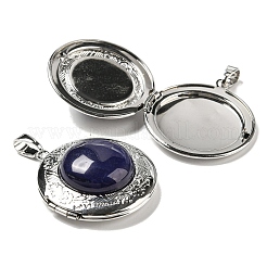 天然ラピスラズリのロケットペンダント  プラチナメッキ合金フラットラウンドチャーム  35.5x32.5x11~12mm  穴：8x4mm&nbsp;G-C104-03A-P