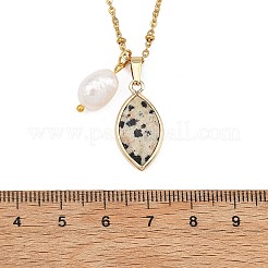 Rice Natural Pearl & Natural Dalmatian Jasper Faceted Horse Eye Pendant 304 Stainless Steel Satellite Chain Necklaces for Women&nbsp;NJEW-JN06261-02