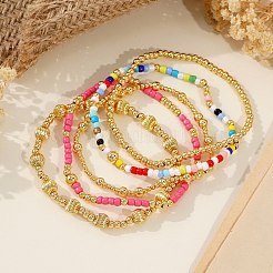 ヴィンテージ ボヘミアン ガラス タイル ビーズ ストレッチ タイル ブレスレット セット  複数連の調節可能な重ね付けブレスレット  14KGP本金メッキ  ミックスカラー  6.89インチ（17.5cm）  5個/セット&nbsp;BU0757-1