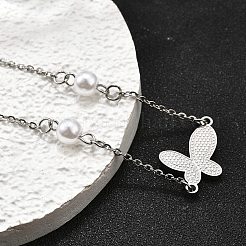 304ステンレススチール製バタフライリンクブレスレット  女性用アズキチェーンジュエリー  プラスチック製の模造パールビーズ付き  ステンレス鋼色  7-5/8インチ（19.4cm）&nbsp;BJEW-C098-01D-P