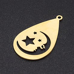 ステンレスペンダント201個  レーザー切断  月と星の涙  ゴールドカラー  38x22x1mm  穴：1.8mm&nbsp;STAS-S105-LA217