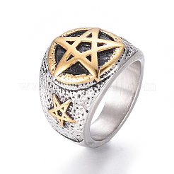 304ステンレススチールワイドバンドリング  五芒星形  アンティークシルバー＆アンティーク金色  サイズ7~12  17~22mm&nbsp;RJEW-D073-02-ASG