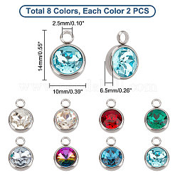 16 個 8 色のガラスチャーム  多面カット  304ステンレススチール製金具付き  フラットラウンド  ミックスカラー  14x10x6.5mm  穴：2.5mm  2個/カラー&nbsp;GLAA-UN0001-10