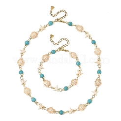 Starfish & Turtle Synthetic Turquoise Beaded Necklace & Bracelet Sets&nbsp;SJEW-JS01385-01