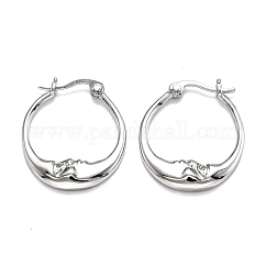 Brass Micro Pave Clear Cubic Zirconia Hoop Earrings, Ring with Moon, Real Platinum Plated, 22x19.5x3mm, Pin: 0.7mm
