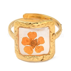 Dark Orange Square Epoxy Resin with Dry Flower Adjustable Rings&nbsp;RJEW-G304-03G-01