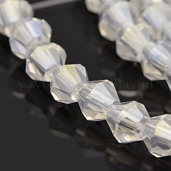 カット加工ダブルコーンメッキガラスビーズ連売り  ABカラーメッキ  ゴーストホワイト  4x4.5mm  穴：1mm  約92~96個/連  13.78~14.37インチ。&nbsp;X-EGLA-P016-4mm-AB01