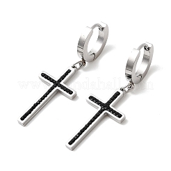 クロス304ステンレススチールポリマークレイラインストーンフープピアス  ジェット  43.5x14.5mm&nbsp;EJEW-G453-11P-01