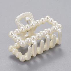 プラスチックバンスクリップ  ABSプラスチックイミテーションパールビーズと鉄のパーツ  長方形  ホワイト  28.5x39.5x26mm&nbsp;PHAR-G002-03