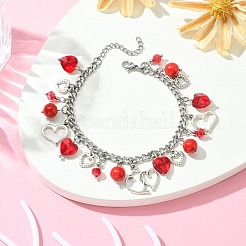 Tibetan Style Alloy & Glass Heart Charm Bracelet with 304 Stainless Steel Curb Chains for Valentine's Day&nbsp;BJEW-TA00311
