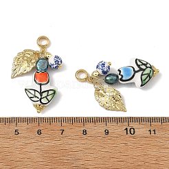 Handmade Porcelain & Natural Cultured Freshwater Pearl & Brass & 201/304 Stainless Steel Pendants&nbsp;PALLOY-JF05914