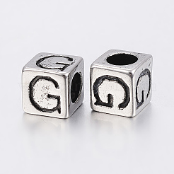 304 ステンレススチール 大きな穴文字 ヨーロッパ ビーズ  文字.g付きのキューブ  アンティークシルバー  8x8x8mm  穴：5mm&nbsp;LS-STAS-H428-01AS-G