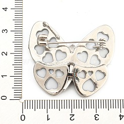 アワビの貝殻のブローチ  女性用ハート真鍮ラインストーンピン付き蝶  プラチナ  32x36x9mm  穴：5x3mm&nbsp;AJEW-Z010-01P
