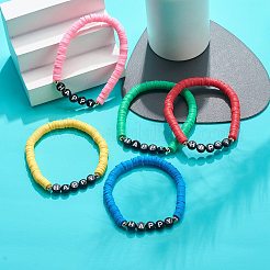 5Pcs 5 Color Handmade Polymer Clay Disc Surfer Stretch Bracelets Set&nbsp;BJEW-JB08800