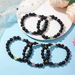 丸い天然溶岩石とキャットアイビーズのストレッチブレスレット、女性用  ミックスカラー  内径：2-1/4インチ（5.6cm）&nbsp;BJEW-JB10986