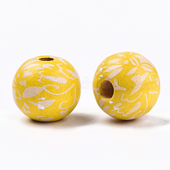 印刷された天然木のビーズ  フローラル模様で丸い  ミックスカラー  14x13mm  穴：3mm&nbsp;WOOD-R270-11